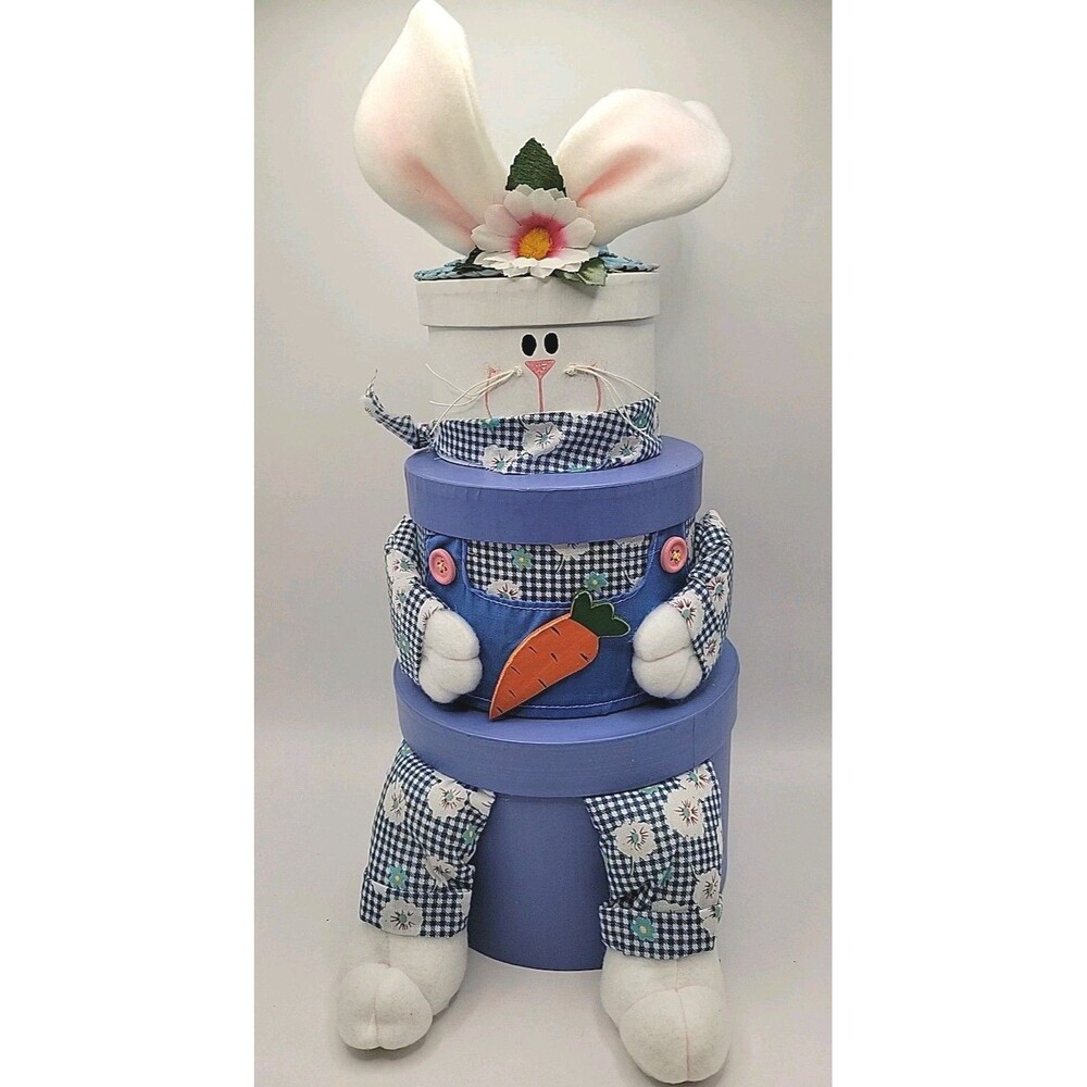 17"Easter Bunny Stacking Boxes 3-Tier Plush Decor Blue Gingham Centerpiece/Gifts
